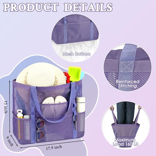 GYEUKHAM Mesh Beach Bag for Women, Sand-Resistant Pool Tote, 9 Pockets (1 Inner Zip), Foldable Family Travel Essentials - color: L-purple