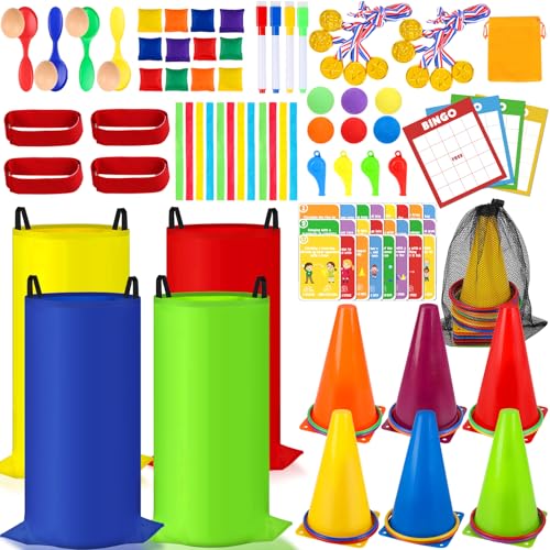 KUBUSFLY Potato Sack Race Bags, 116 Pcs Outdoor Carnival Games for Kids, Lawn Field Day Games Set with Bean Bags, Ring Toss, Cones, Bingo Cards, Carnival Yard for Family Adults Kids Birthday Party