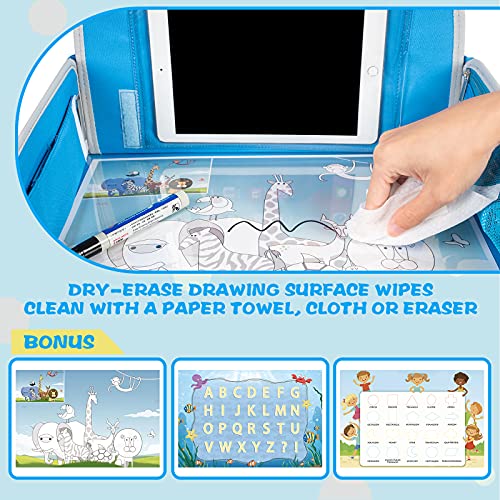 MENZOKE Kids Travel Tray, Car Seat Tray for Kids Travel, Toddler Essentials Girls with Tablet Holder, Road Trip Essentials with Cooler Cup Holder, Dry Erase Board & Storage Pocket for Airplane, Blue - color: Blue Aquarium