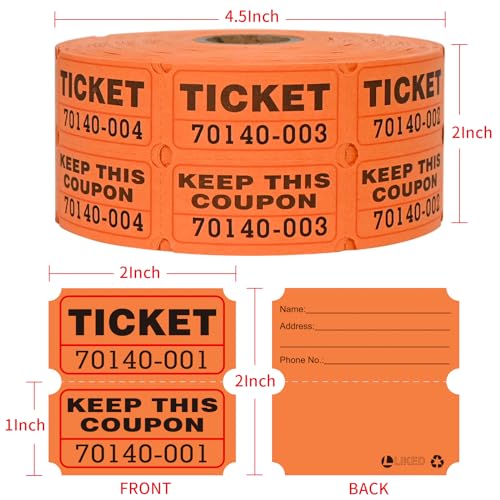 L LIKED Raffle Tickets Double Rolls 1000 Per Roll 50/50 Raffle Tickets for Events,Carnivals, Entry, Class Reward, Prizes(Orange) - color: 1000 Orange