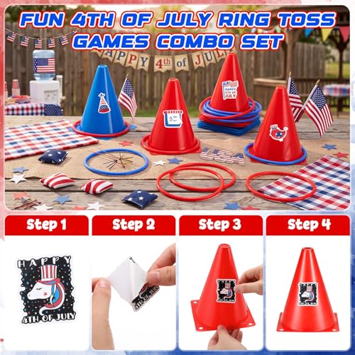 RoundFunny 12set 3 in 1 Independence Day Ring Toss Game Set, Carnival Game Kit with Cones, Rings, Bean Bags & Storage Bag, Includes for DIY Toss Games, Birthday Party, Carnival - style: Independence Day
