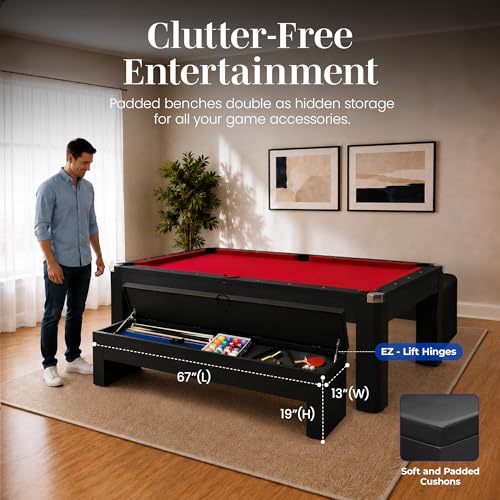 Hathaway Pool Table Combo Set with Benches - color: Black and Red Felt