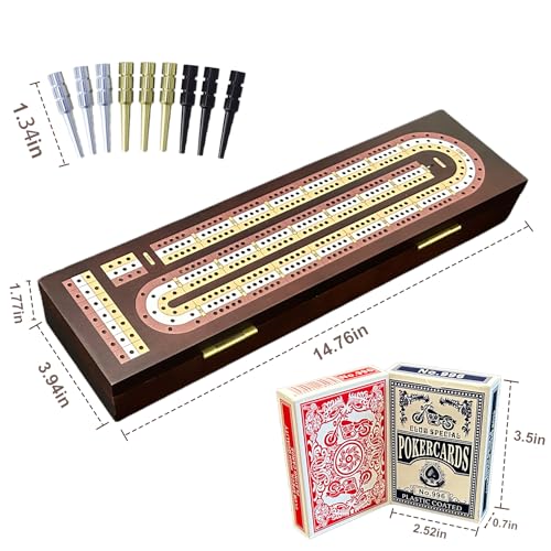 Cribbage Board Game Set, Premium Wooden Board with Magnetic Lock and Built-in Storage, 2 Playing Cards & 9 Metal Pegs, 3 Track Board for 2–3 Player, Travel Portable Game for Adults and Family - size: Classic