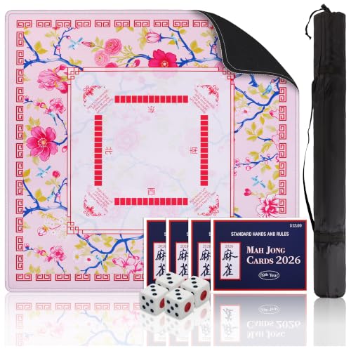 31.5 Inch Mahjong Mat for Table with Dice,2026 Mah jongg Card & Bag,Pink | Non Slip Noise Reduction Waterproof Travel Mahjong Mat for Poker Dominoes Game Night Gift for Women Mom Christma Mother’s Day - color: Pink