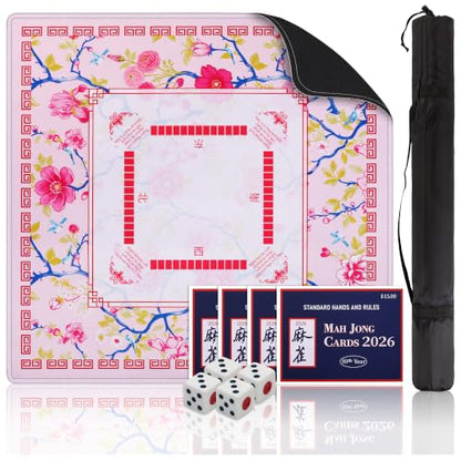 31.5 Inch Mahjong Mat for Table with Dice,2026 Mah jongg Card & Bag,Pink | Non Slip Noise Reduction Waterproof Travel Mahjong Mat for Poker Dominoes Game Night Gift for Women Mom Christma Mother’s Day - color: Pink