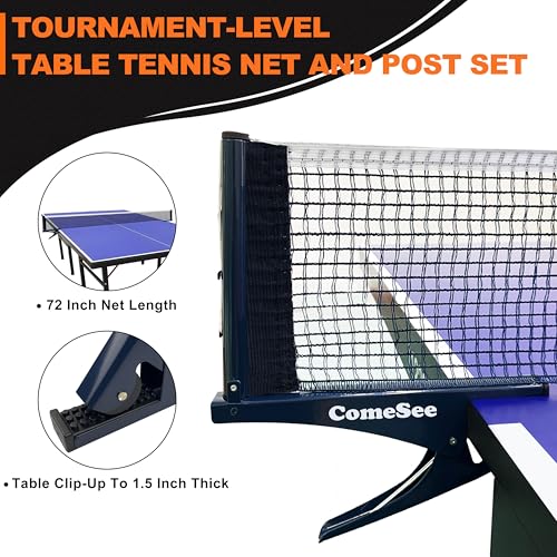 Comesee Ping Pong Net with Collapsible Clamps and Paddles Set, Table Tennis Rackets and Balls, Spring Activated Clip Posts and Storage Case