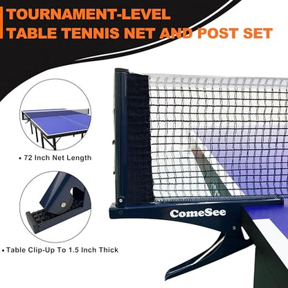 Comesee Ping Pong Net with Collapsible Clamps and Paddles Set, Table Tennis Rackets and Balls, Spring Activated Clip Posts and Storage Case