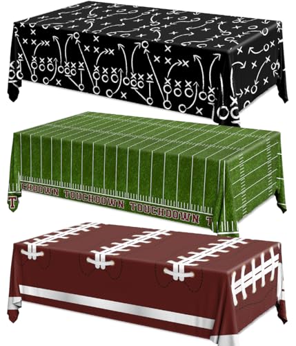 GREHUMOR Football Tablecloth 3 Pack Party Decorations Supplies 54"X108" Large Football Theme Disposable Plastic Table Cover for Birthday Game Day Tailgate Party Decor