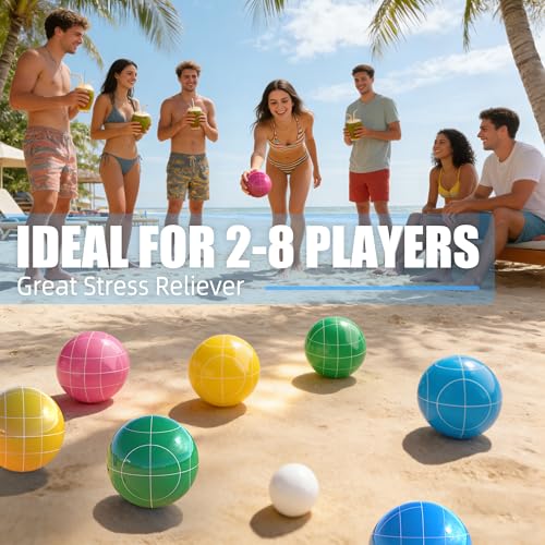Bocce Ball Set for Backyard Lawn Beach Outdoor Games, Complete with 8 Solid Resin Bocci Balls, Pallino, Measuring Rope & Carry Bag, Multicolor for 2-8 Players (100mm)