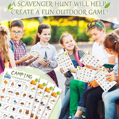 Hoolerry 30 Pcs Scavenger Hunt for Kids Road Trip Game Car Spring Summer Wedding Scavenger Hunt Cards Travel Activities Camping Games Outdoor Indoor Seek Activity for Kids Adults (Camping) - style: Camping