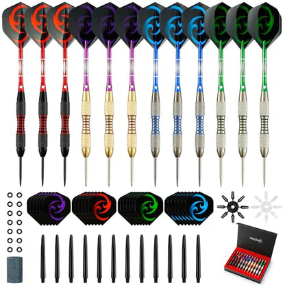 WINSDART Steel Tip Darts 12 Pack Set with Nonslip Iron Barrel Aluminum Dart Shafts and Flights Darts Sharpener an Gift Box - color: Multicolor 1-Darts-F