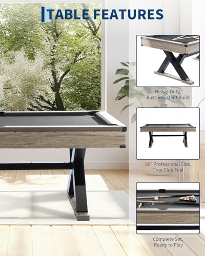 7 FT Billiard Table, 84 x 46 x 32 Inch, Rustic Grey Finish Pool Table with Metal K-Leg, Professional Playing Cloth, Complete Set of 2 Cues, 16 Balls, Chalk, Triangle & Brush, for Home Game Room - color: Black Cloth