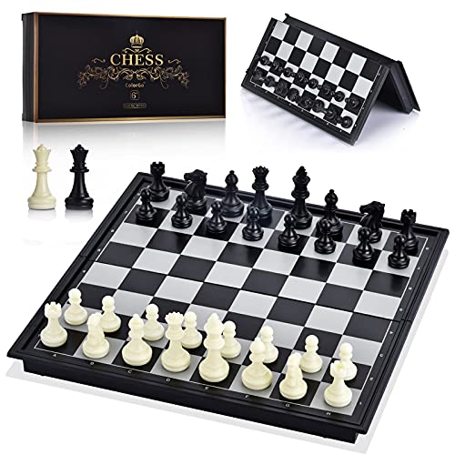 Chess Set with Folding Magnetic Travel Games Board and 2 Extra Queens for Kids and Adults