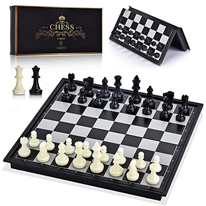 Chess Set with Folding Magnetic Travel Games Board and 2 Extra Queens for Kids and Adults