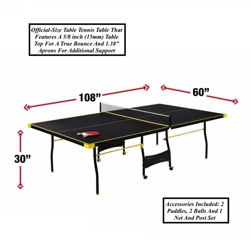 Black Yellow Folding Rolling Table Tennis Table Indoor Ping Pong Table with 2 Paddles 2 Balls 1 Net and Post Set 4 Wheels for Easy Movement Perfect Christmas New Year Holiday Season Gifts