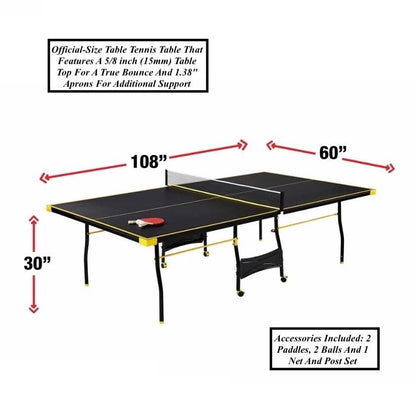 Black Yellow Folding Rolling Table Tennis Table Indoor Ping Pong Table with 2 Paddles 2 Balls 1 Net and Post Set 4 Wheels for Easy Movement Perfect Christmas New Year Holiday Season Gifts