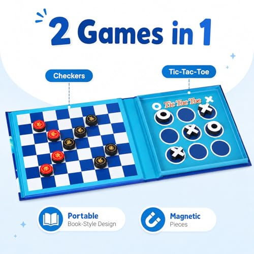 2-in-1 Travel Checkers and Tic Tac Toe Game for Kids Ages 8-12, Magnetic Checkers Board Game, Foldable Road Trip and Plane Activities - color: Checkers