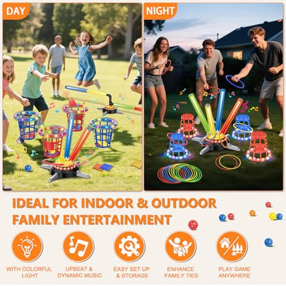 TERRAMUS 3 in 1 Bean Bag Ring Toss Game for Kids, Rechargeable Musical Jumping Games w/LED Light & Remote, Electric Spinning Base, Sandbags, Rings, Carnival Indoor Outdoor Sport Toy for 3+ Boys Girls
