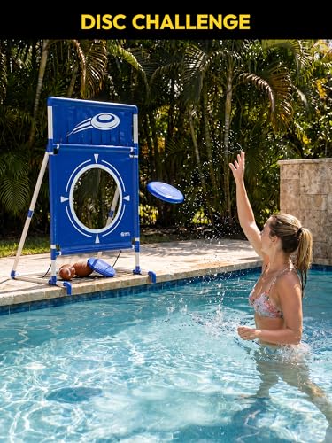 A11N SPORTS Poolside Target Game Set - 2-in-1 Outdoor Swimming Pool Toss Toy with Flying Discs & Foam Footballs, Backyard Water Party Games for Kids & Adults, Summer Fun Activities