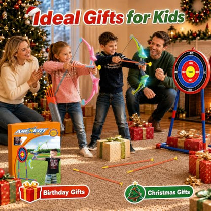 2 Pack Kids Bow and Arrow Set, LED Light Up Archery Set Toy for Kids with 2 Targets, 10 Suction Cup Arrows, Backyard Games, Indoor Outdoor Toys, 5 6 7 8 9 10 Year Old Boy Girl Christmas Birthday Gifts