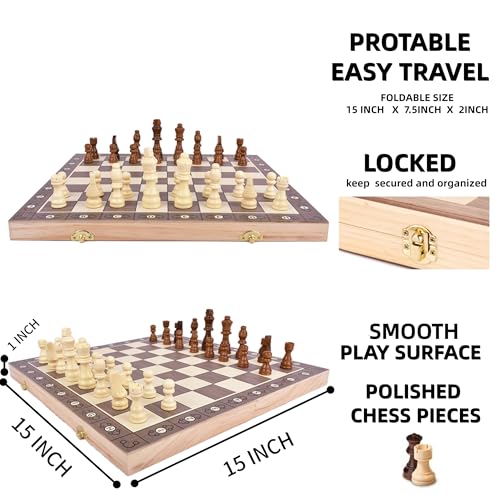 Magnetic Chess & Checkers Set 15", 2-in-1 Foldable Wooden Board | Melamine Surface, Exclusive Numbered Chess Board, Secure Storage Slots, Family Strategy Game for Kids and Adults