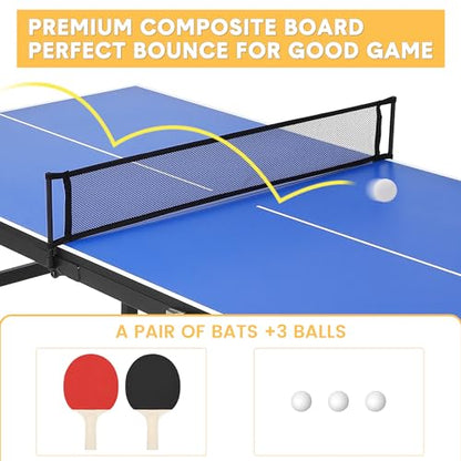 Table Tennis Game Set, Portable Ping Pong Table with Demountable Nylon Net, 2 Paddles and 3 Balls, Table Tennis Game for Outdoor Indoor, Waterproof Tabletop, Blue, 60 x 26 x 27.5inch
