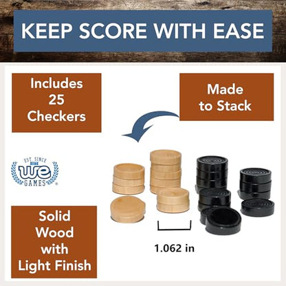 WE Games Wooden Checkers Pieces Only (1.06 inch), Checker Board Game & Backgammon Pieces, 24 Natural and Black Stained Stackable Ridges with a Drawstring Storage Bag, Replacement Game Piece - size: 1.062 inch