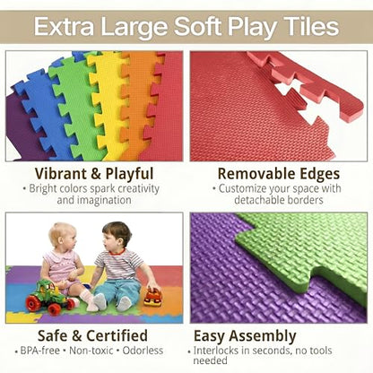 FlooringInc Baby Play Mat for Floor, Extra Large 2'x2' Foam Floor Tiles for Kids, Soft Interlocking Puzzle Mat, 1/2 Inch Thick, Non-Toxic EVA (Rainbow, 12 Tile Pack, 48 Sq Ft) - size: 12 Tile Pack