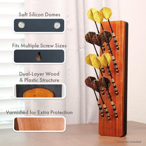 EXQUISITE Premium Craft-Handed Dark Brown Accacia Darts Holder - Wall Mounted Dart Caddy Display & Storage for 12 Soft & Steel Tip Darts, Precision Drilled, Protective Backing, Includes Mounting Kit