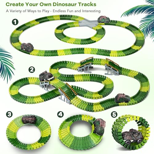 Dinosaur Toys,Create A Dinosaur World Road Race,Flexible Track Playset and 2 pcs Cool Dinosaur car for 3 4 5 6 Year & Up Old boy Girls Best Gift - color: Green