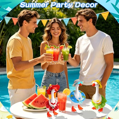 Desk Goose Key Holder 7 Inch Mini Figurine with 6 Set Summer Hawaiian Outfits,Summer Holiday Desktop Magnetic Small Proch Goose Resin Statue Set for Home Office Bedroom Office Table Decor - style: 6 Sets-Summer Desk Goose Outfits