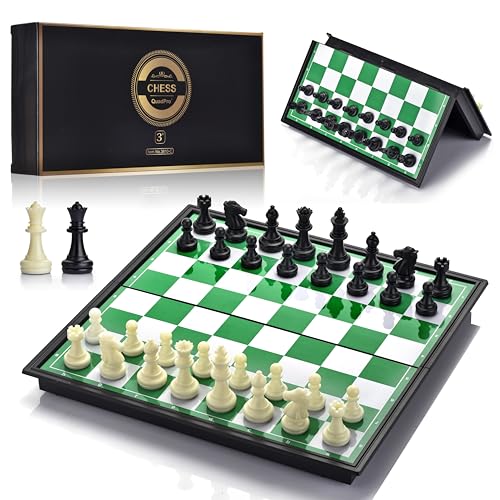 Magnetic Travel Chess Set with Folding Chess Board & 2 Extra Queens & Convenience Bag, Educational Toys for Kids and Adults (Green & White)