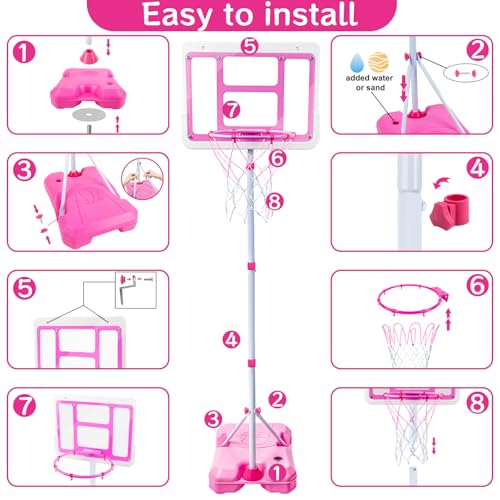Kids Basketball Hoop with Stand, Adjustable Height 3.5FT-6.2FT Toddler Basketball Hoop, Basketball Goal Outdoor Indoor Toys for Girls Age 3 4 5 6 7 8 Years Old Gifts(Pink) - color: Pink