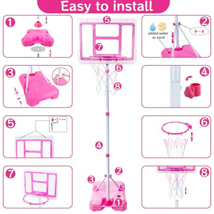Kids Basketball Hoop with Stand, Adjustable Height 3.5FT-6.2FT Toddler Basketball Hoop, Basketball Goal Outdoor Indoor Toys for Girls Age 3 4 5 6 7 8 Years Old Gifts(Pink) - color: Pink