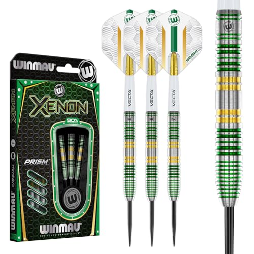 Winmau Xenon Professional Darts Set - 90% Tungsten Darts with Flights & Shafts - Ringed Grip Barrels for Precision Control - Available in Soft Tip 18g and Steel Tip 23g-25g - style: 25g - Steel Tip