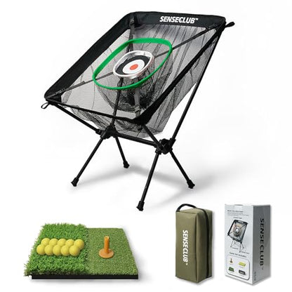 SENSECLUB Foldable Chipping Net with Mat & Balls, Heavy-Duty Practice Golf Net Chipping Target, Backyard Golf Game & Gifts - style: Green +Mat +Balls