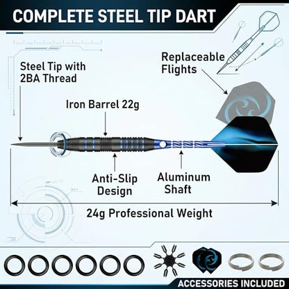 24g Steel Tip Darts Set with Carrying Case | Knurled grip barrels, Aluminum shafts with O-rings, Extra flights, Balanced feel, Practice and league play