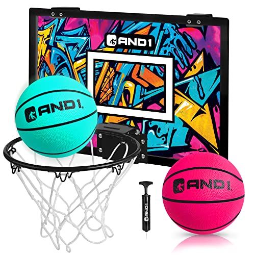 AND1 Over the Door Mini Basketball Hoop: 18x12 Shatterproof Backboard, 2 Mini Basketballs, and Hand Pump Included- Ultimate Indoor Basketball Accessory for Kids and Adults, No Tools Required - color: Teal, style: Mini Hoop / Two Balls