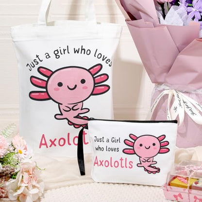 Sieral 2 Pcs Animal Lover Bag Gift for Women Travel Canvas Tote Portable Zipper Pouch Canvas Reusable Grocery Tote - style: Axolotl
