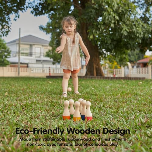 PlanToys® Bowling Set Wooden Montessori Gross Motor and Coordination Toy | Movement, Concentration and Early Math Learning Activity | Eco Friendly Indoor and Outdoor Bowling Game