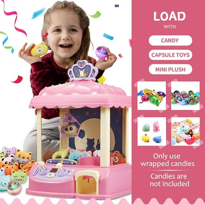 Kids Claw Machine Arcade Toy for Girls Ages 8 to 13 Mini Prize Grabber Candy Dispenser with LED Lights Adjustable Volume USB Powered or Battery Operated Birthday Gift for Kids