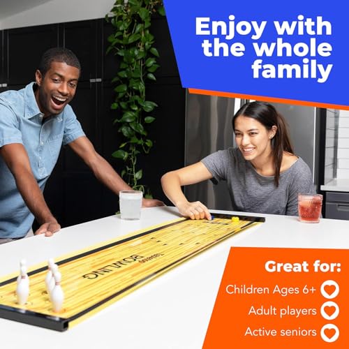 Bowling Game - Indoor Table Games for Whole Family, Kids and Adults - Portable Set w/Lane, 6 Pins, 2 Bowl Bearings - Play at Home Or Traveling