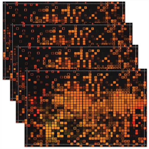 Erosebridal Orange Black Pixelated Place Mat Set of 4 - Checkered Geometric Abstract Art Placemats, Gaming Gamer Table Mats 12x18 Inch for Kids Boys Girls, Plaid Neon Table Decor for Party Kitchen - color: Orange and Black