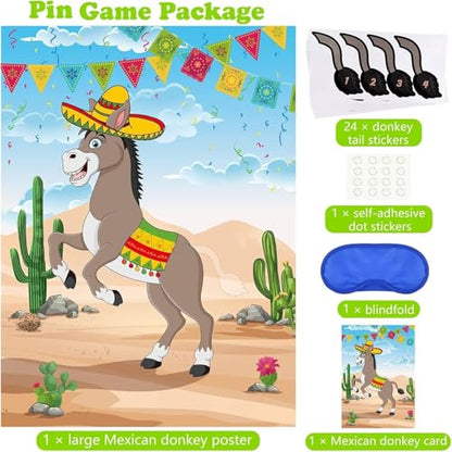 PLULON Pin The Tail on The Donkey Birthday Games for Kids Mexican Donkey Game Poster with Tail Stickers Donkey Party Favors Carnival Birthday Fiesta Home Wall Decor Classroom Family Activities - style: Mexican Donkey