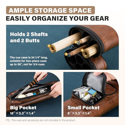 Trymaker Pool Cue Case, 2x2 Pool Stick Case (Not for 3/4) – Hard Billiard Bag for 2 Sticks, Billiard Accessories - color: Brown