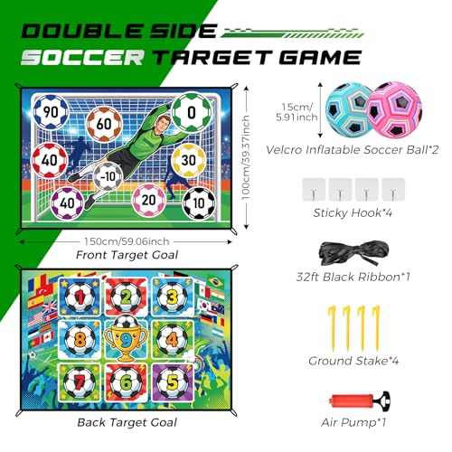 Trampoline Sticky Soccer Ball Game Accessories with 2 Inflatable Balls, Double Side Soccer Goal Target Attachment Fits 8 10 12 14 15 16 FT Trampoline, Indoor Outdoor Lawn Backyard Game