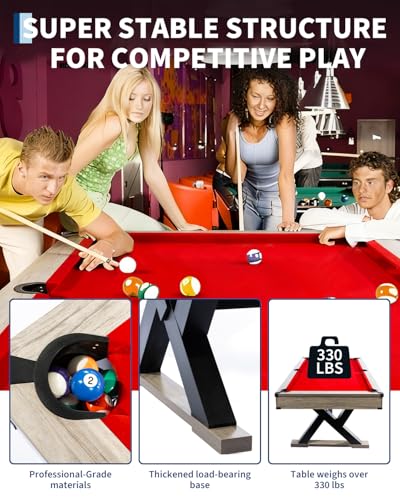 7 FT Billiard Table, 84 x 46 x 32 Inch, Rustic Grey Finish Pool Table with Metal K-Leg, Professional Playing Cloth, Complete Set of 2 Cues, 16 Balls, Chalk, Triangle & Brush, for Home Game Room - color: Red Cloth
