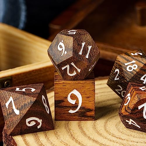 Wood DND Dice, 7pcs RPG Polyhedral Dice Set with Iron Box, for D&D Role Playing Games (Brown with Black Striped) - color: Brown Black Striped