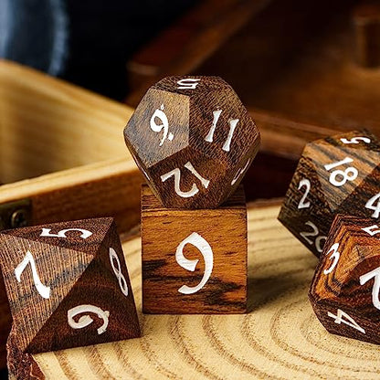 Wood DND Dice, 7pcs RPG Polyhedral Dice Set with Iron Box, for D&D Role Playing Games (Brown with Black Striped) - color: Brown Black Striped