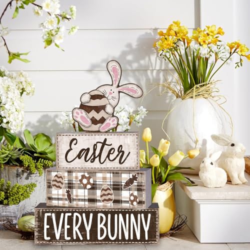 DIYDEC 4Pcs Easter Tabletop Decorations Rabbit Wooden Block Signs Bunny Tiered Tray Decor Happy Easter Centerpiece Farmhouse Wood Bunny Table Sign for Kitchen Home Office Party Decor - style: Pink Rabbit